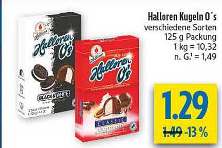 Halloren Kugeln 0´s verschiedene Sorten 125 g Packung 1 kg = 10,32 n. G.¹ = 1,49