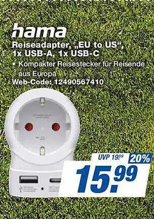 hama Reiseadapter „EU to US“ 1x USB-A, 1x USB-C