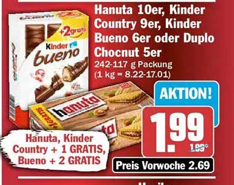 Hanuta 10er, Kinder Country 9er, Kinder Bueno 6er oder Duplo Chocnut 5er