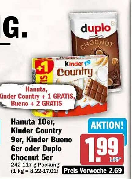 Hanuta 10er, Kinder Country 9er, Kinder Bueno 6er oder Duplo Chocnut 5er
