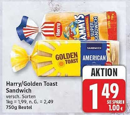 Harry/Golden Toast Sandwich versch. Sorten 750g Beutel
