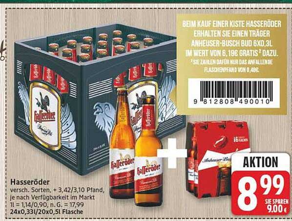Hasseröder versch. Sorten, + 3,42/3,10 Pfand, je nach Verfügbarkeit im Markt, 1 l = 1,14/0,90, h.G. = 17,99 24x0,33l/20x0,5l Flasche