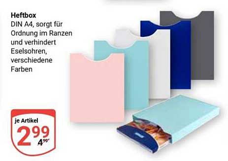 Heftbox DIN A4, sorgt für Ordnung im Ranzen und verhindert Eselsohren, verschiedene Farben