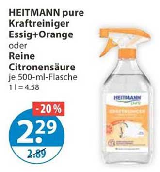 HEITMANN pure Kraftreiniger Essig+Orange oder Reine Citronensäure je 500-ml-Flasche