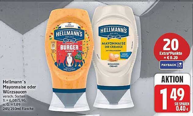 Hellmann`s Mayonnaise oder Würzsaucen versch. Sorten 1 l = 6,08/5,96, n. G. = 1,89 245/250ml Flasche