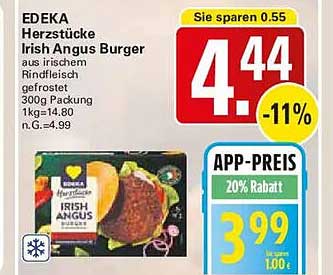 Herzstücke Irish Angus Burger aus irischem Rindfleisch gefrostet 300g Packung 1kg=14.80 h. G.=4.99