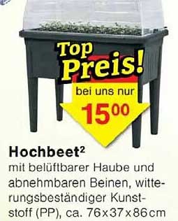 Hochbeet² mit belüftbarer Haube und abnehmbaren Beinen, witterungsbeständiger Kunststoff (PP), ca. 76x37x86 cm