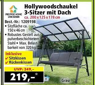 Hollywoodschaukel 3-Sitzer mit Dach ca. 200 x 125 x 178 cm