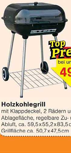 Holzkohlegrill mit Klappdeckel, 2 Rädern und Ablagefläche, regelbare Zu- und Abluft, ca. 59,5 x 55,2 x 83,5 cm, Grillfläche ca. 50,7 x 47,5 cm
