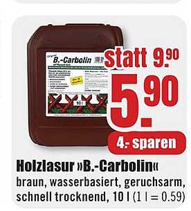 Holzlasur »B-Carbolin« braun, wasserbasiert, geruchsarm, schnell trocknend, 10 l (1 l = 0.59)