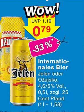 Internatio-nales Bier Jelen oder Ožujsko, 4,6/5% Vol., 0,5l, zzgl. 25 Cent Pfand (1l = 1,58)