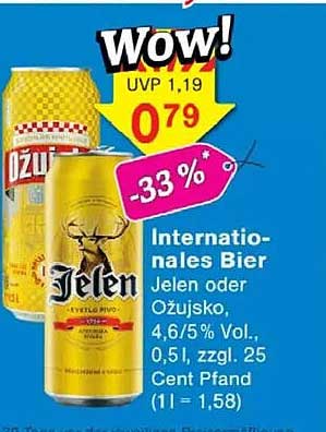 Internationales Bier Jelen oder Ožujsko, 4,6/5 % Vol., 0,5 l, zzgl. 25 Cent Pfand (1 l = 1,58)