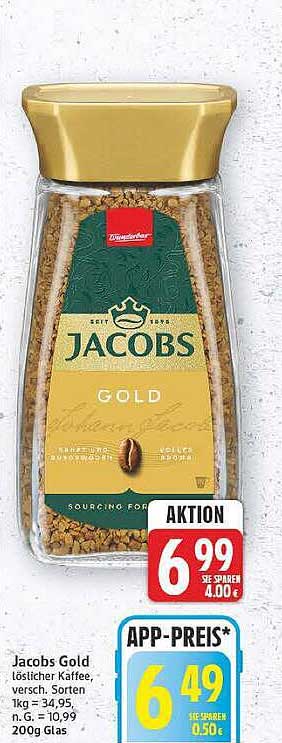 Jacobs Gold löslicher Kaffee, verst. Sorten, 1kg = 34,95, 200g Glas
