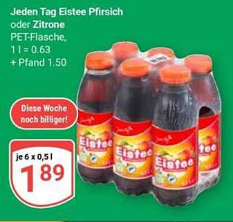 Jeden Tag Eistee Pfirsich oder Zitrone PET-Flasche, 1 l = 0.63 + Pfand 1.50