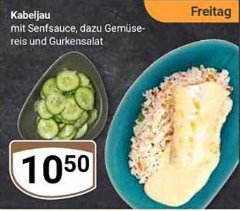Kabeljau mit Senfsauce, dazu Gemüse-reis und Gurkensalat