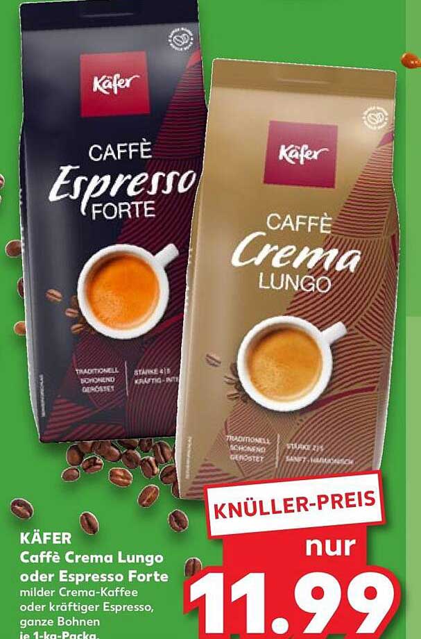 KÄFER Caffè Crema Lungo oder Espresso Forte milder Crema-Kaffee oder kräftiger Espresso, ganze Bohnen je 1-kg-Packung