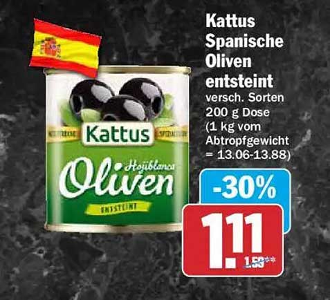 Kattus Spanische Oliven entsteint versch. Sorten 200 g Dose (1 kg vom Abtropfgewicht = 13.06-13.88)