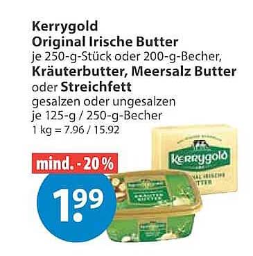 Kerrygold Original Irische Butter je 250-g-Stück oder 200-g-Becher, Kräuterbutter, Meersalz Butter oder Streichfett gesalzen oder ungesalzen je 125-g / 250-g-Becher