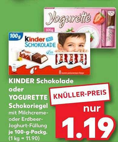 KINDER Schokolade oder YOGURETTE Schokoriegel mit Milchcreme oder Erdbeer-Joghurt-Füllung je 100-g-Packg. (1 kg = 11.90)