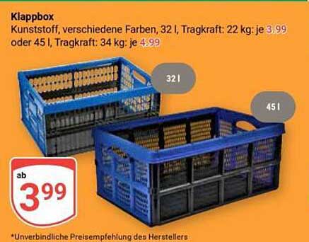 Klappbox Kunststoff, verschiedene Farben, 32 l, Tragkraft: 22 kg: je 3.99 oder 45 l, Tragkraft: 34 kg: je 4.99