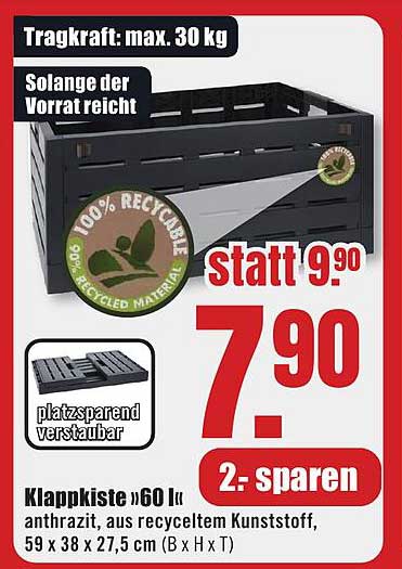 Klappkiste »60 l« anthrazit, aus recyceltem Kunststoff, 59 x 38 x 27,5 cm (B x H x T)