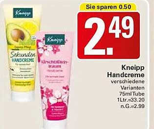 Kneipp Handcreme verschiedene Varianten 75 ml Tube 1 l = 33,20 n.G. = 2,99