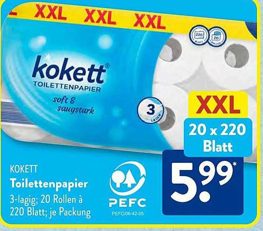 Kokett Toilettenpapier 3-lagig, 20 Rollen à 220 Blatt; je Packung