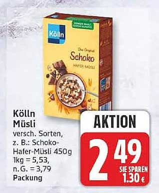 Kölln Müsli versch. Sorten, z. B.: Schoko-Hafer-Müsli 450g 1kg = 5,53, n. G. = 3,79, Packung