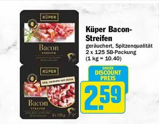 Küper Bacon-Streifen geräuchert, Spitzenqualität 2 x 125 g SB-Packung (1 kg = 10.40)