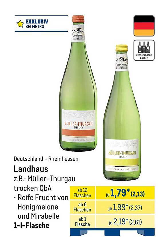 Landhaus z.B.: Müller-Thurgau trocken QbA • Reife Frucht von Honigmelone und Mirabelle 1-l-Flasche