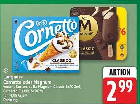 Langnese Cornetto oder Magnum versch. Sorten, z. B.: Magnum Classic 6x100ml, Cornetto Classico 6x90ml