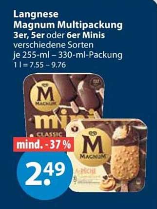 Langnese Magnum Multipackung 3er, 5er oder 6er Minis verschiedene Sorten je 255-ml – 330-mL-Packung 1 l = 7.55 – 9.76