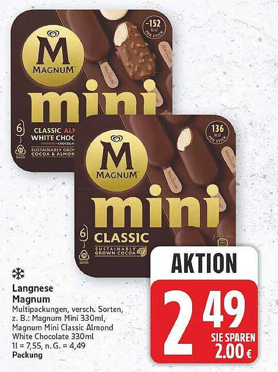 Langnese Magnum Multipackungen, versch. Sorten, z. B.: Magnum Mini 330ml, Magnum Mini Classic Almond White Chocolate 330ml 11 = 7,55, n. G. = 4,49 Packung