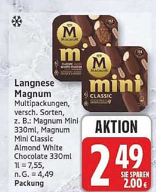 Langnese Magnum Multipackungen, versch. Sorten, z. B.: Magnum Mini 330ml, Magnum Mini Classic, Magnum Mini Chocolate 330ml 1l = 7,55, n.G. = 4,49, Packung