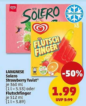 Langnese Solero Strawberry Twist* je 360 ml (1 l = 5.53) oder Flutschfinger je 512 ml (1 l = 3.89)