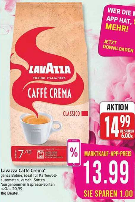 Lavazza Caffè Crema* ganze Bohne, ideal für Kaffeevollautomaten, versch. Sorten*ausgenommen Espresso-Sorten n. G. = 20,99 1kg Beutel