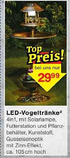 LED-Vogeltränke² 4in1, mit Solarlampe, Futterstation und Pflanzbehälter, Kunststoff, Gusseisenoptik mit Zinn-Effekt, ca. 105 cm hoch
