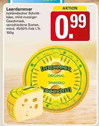 Leerdammer holländischer Schnittkäse, mild-nussiger Geschmack, verschiedene Sorten, mind. 45/50% Fett i.Tr. 100g