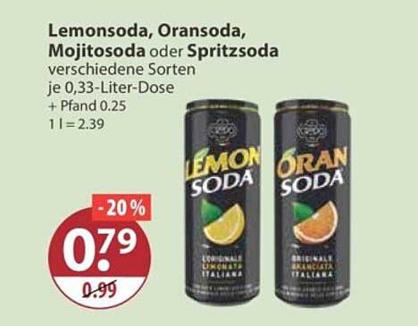 Lemonsoda, Oransoda, Mojitosoda oder Spritzsoda verschiedene Sorten je 0,33-Liter-Dose + Pfand 0.25 1 l = 2.39