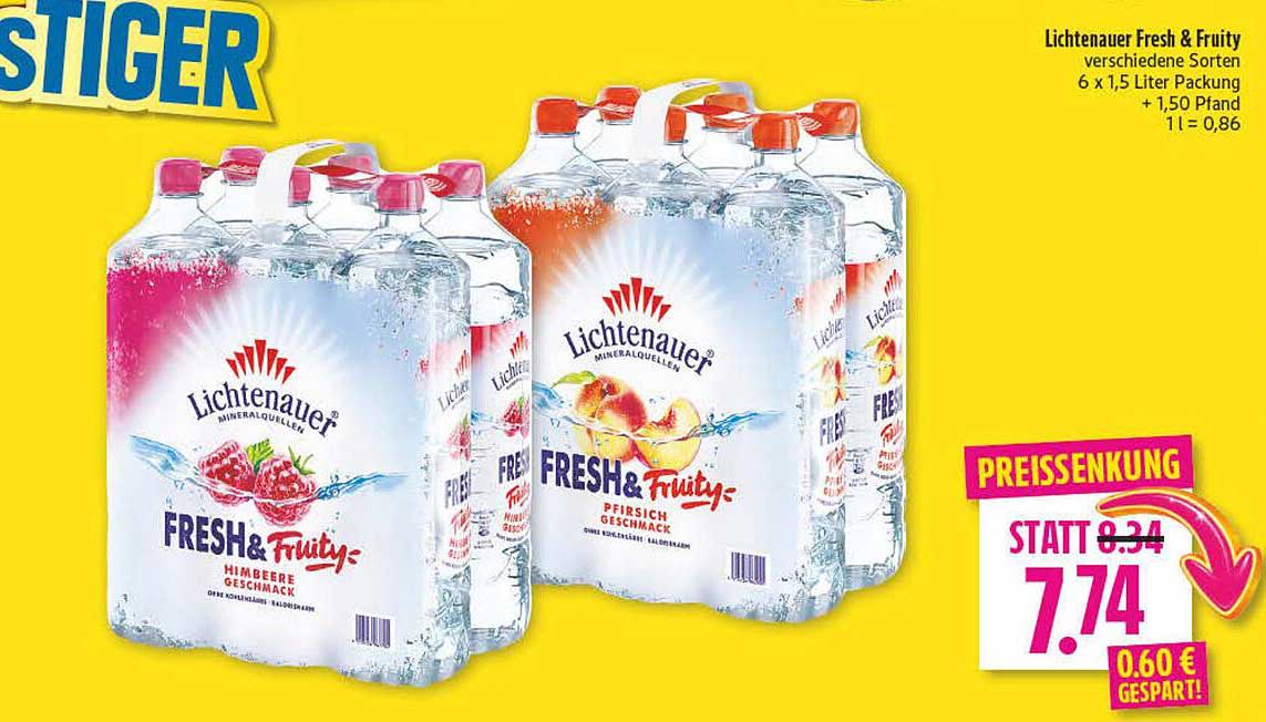 Lichtenauer Fresh & Fruity verschiedene Sorten 6 x 1,5 Liter Packung + 1,50 Pfand 1 l = 0,86