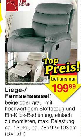 Liege-/Fernsehsessel¹ beige oder grau, mit hochwertigem Stoffbezug und Ein-Klick-Bedienung, einfach zu montieren, max. Belastung ca. 150 kg, ca. 78x92 x103 cm (B×T×H)