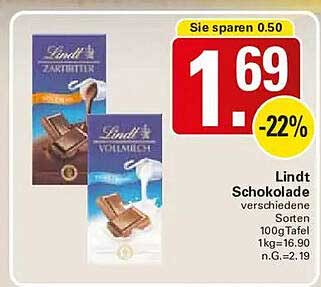 Lindt Schokolade verschiedene Sorten 100g-Tafel 1kg=16.90 i.n.G.=2.19