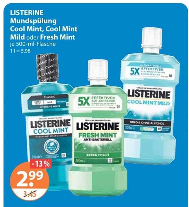 LISTERINE Mundspülung Cool Mint, Cool Mint Mild oder Fresh Mint je 500-ml-Flasche