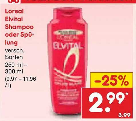 Loreal Elvital Shampoo oder Spülung versch. Sorten 250 ml – 300 ml (9.97 – 11.96 / l)