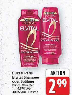 L'Oréal Paris Elvital Shampoo oder Spülung, vers. Varianten 1l = 9,97/11,96 300/250ml Flasche