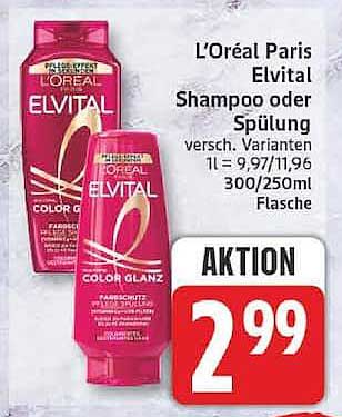 L'Oréal Paris Elvital Shampoo oder Spülung versch. Varianten 1 l = 9,97/11,96 300/250ml Flasche AKTION
