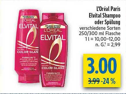 L'Oréal Paris Elvital Shampoo oder Spülung verschiedene Sorten 250/300 ml Flasche