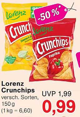 Lorenz Crunchips versch. Sorten, 150 g (1 kg = 6,60)