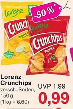 Lorenz Crunchips versch. Sorten, 150 g (1 kg = 6,60)