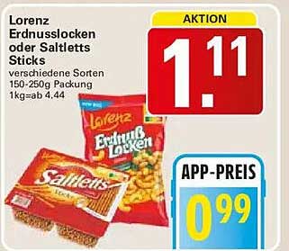 Lorenz Erdnusslocken oder Salttets Sticks verschiedene Sorten 150-250g Packung 1kg-abo 4,44